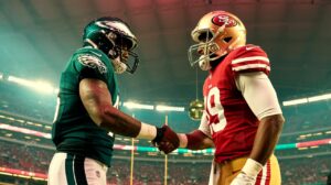 Illustration of Bryce Huff's trade between the Philadelphia Eagles and San Francisco 49ers (AI-generated, non-realistic illustration). Credit: Ideogram.