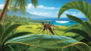 Illustration of the Zika virus transmission through mosquitoes in Hawaii (AI-generated, non-realistic illustration). Credit: Ideogram.