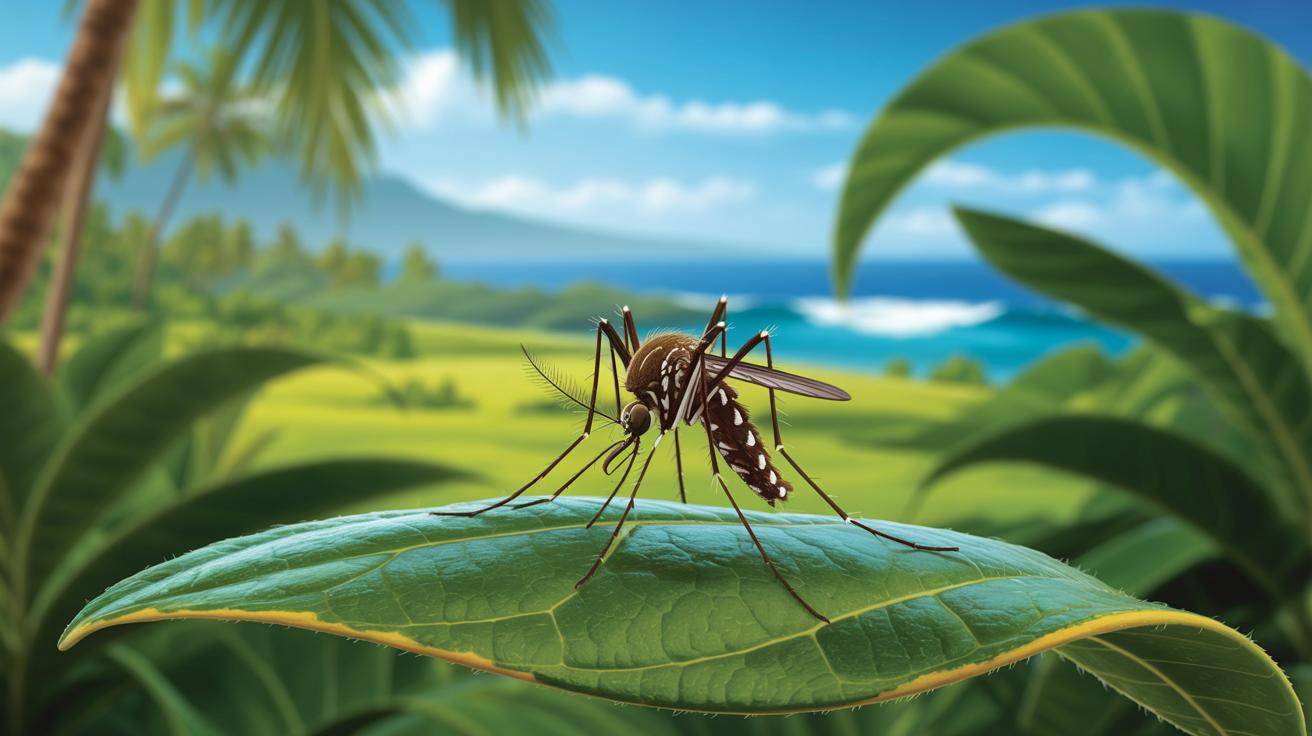Illustration of the Zika virus transmission through mosquitoes in Hawaii (AI-generated, non-realistic illustration). Credit: Ideogram.