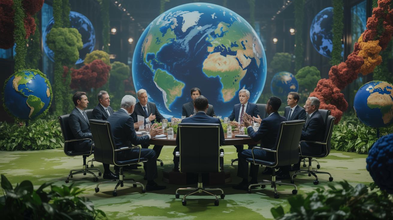 Illustration of global leaders negotiating a landmark climate agreement in Geneva (AI-generated, non-realistic illustration). Credit: Ideogram.