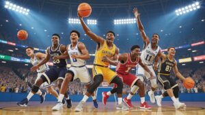 Illustration of college basketball stars making last-minute NBA draft decisions (AI-generated, non-realistic illustration). Credit: Ideogram.