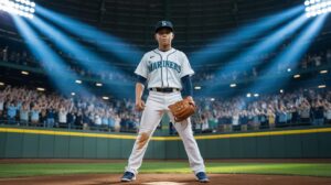 Illustration of Cole Young in a Seattle Mariners uniform celebrating his promotion to the major leagues (AI-generated, non-realistic illustration). Credit: Ideogram.