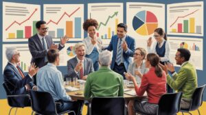 Illustration of a diverse group discussing financial independence strategies at a conference (AI-generated, non-realistic illustration). Credit: Ideogram.