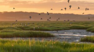 Illustration of the UK's saltmarshes as vital carbon sinks and rich biodiversity hotspots (AI-generated, non-realistic illustration). Credit: Ideogram.