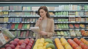 Illustration of Jackie Mitchell demonstrating budget-friendly grocery shopping strategies (AI-generated, non-realistic illustration). Credit: Ideogram.