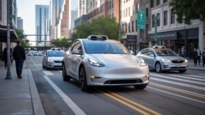 Illustration of Tesla's autonomous robotaxi service being tested on Austin streets (AI-generated, non-realistic illustration). Credit: Ideogram.