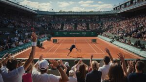 Illustration of a thrilling comeback at the French Open featuring a tennis player in action (AI-generated, non-realistic illustration). Credit: Ideogram.