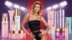 Illustration of Hailey Bieber celebrating her $1 billion Rhode deal with celebrity endorsements (AI-generated, non-realistic illustration). Credit: Ideogram.