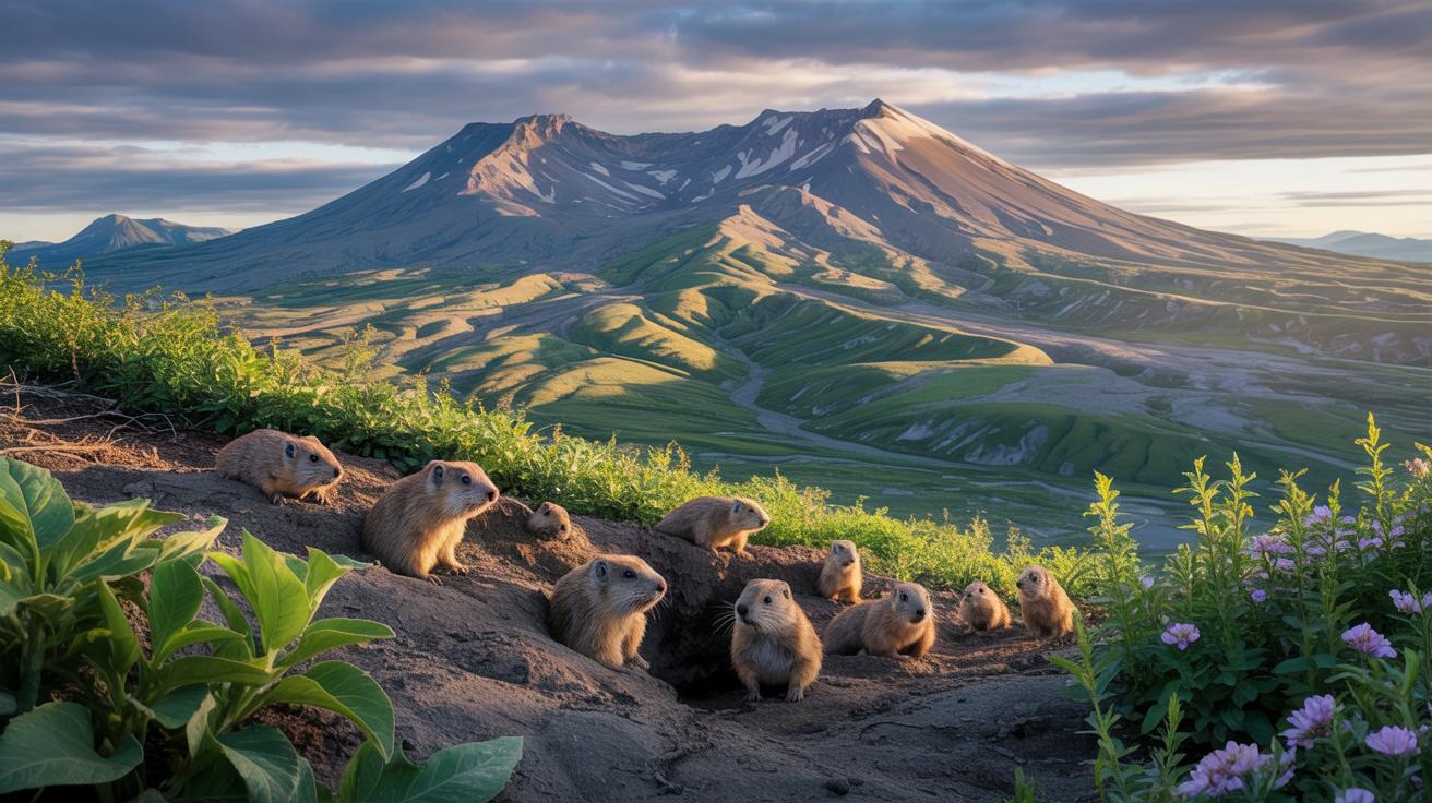 Illustration of gophers transforming the landscape of Mount St. Helens post-eruption (AI-generated, non-realistic illustration). Credit: Ideogram.