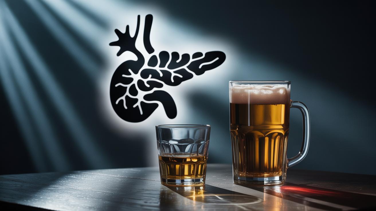 Illustration of the potential link between beer and spirits consumption and increased pancreatic cancer risk (AI-generated, non-realistic illustration). Credit: Ideogram.