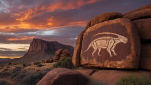 Illustration of the San's rock art depicting a prehistoric dicynodont creature (AI-generated, non-realistic illustration). Credit: Ideogram.