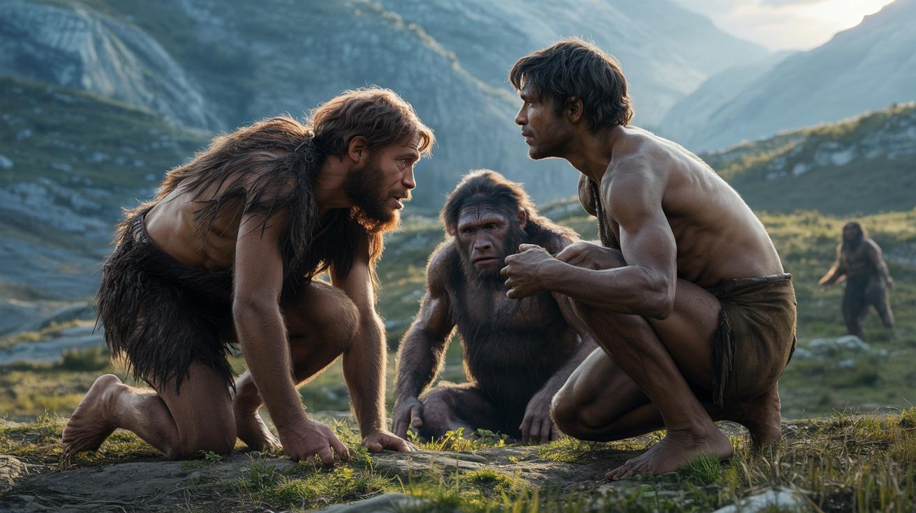 Illustration of early modern humans and Neanderthals coexisting in Ice Age Europe (AI-generated, non-realistic illustration). Credit: Ideogram.