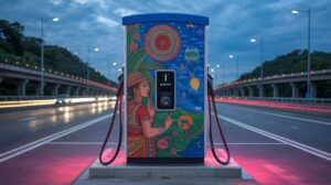 Illustration of vibrant murals transforming EV charging stations into cultural landmarks (AI-generated, non-realistic illustration). Credit: Ideogram.