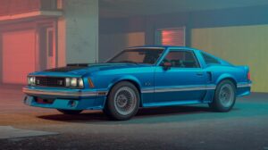 Illustration of the 2026 Mustang with the FX Pack in Adriatic Blue Metallic and Oxford White accents (AI-generated, non-realistic illustration). Credit: Ideogram.