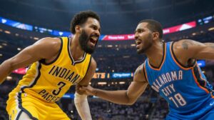Illustration of the Indiana Pacers facing off against the Oklahoma City Thunder in a tense NBA Finals game (AI-generated, non-realistic illustration). Credit: Ideogram.