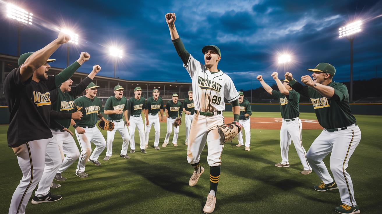 Illustration of Wright State players celebrating their historic victory over Vanderbilt in the NCAA baseball regionals (AI-generated, non-realistic illustration). Credit: Ideogram.