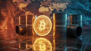 Illustration of Bitcoin and oil markets reacting to geopolitical tensions (AI-generated, non-realistic illustration). Credit: Ideogram.