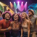 Illustration of happiness-enhancing splurges including live music events and novel experiences (AI-generated, non-realistic illustration). Credit: Ideogram.