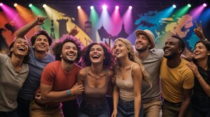 Illustration of happiness-enhancing splurges including live music events and novel experiences (AI-generated, non-realistic illustration). Credit: Ideogram.