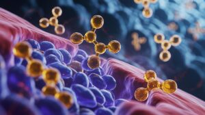 Illustration of caffeine molecules interacting with cellular pathways to promote longevity (AI-generated, non-realistic illustration). Credit: Ideogram.