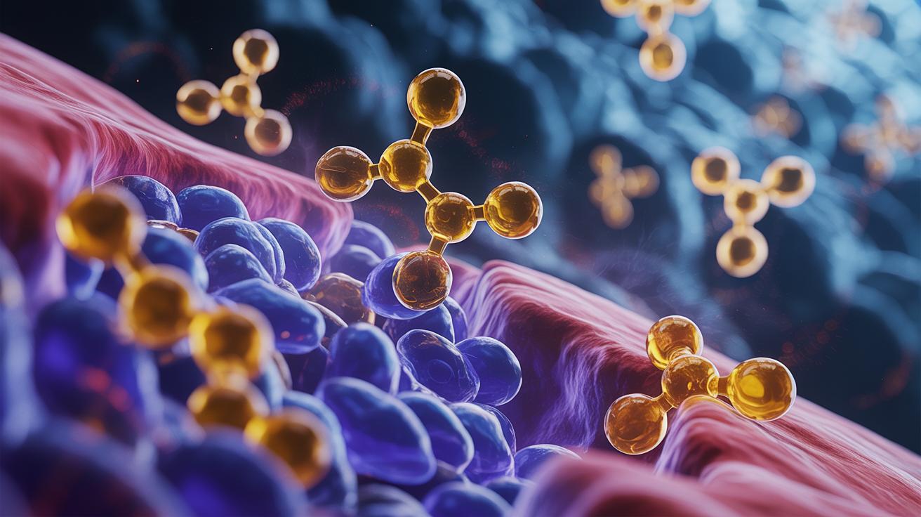 Illustration of caffeine molecules interacting with cellular pathways to promote longevity (AI-generated, non-realistic illustration). Credit: Ideogram.