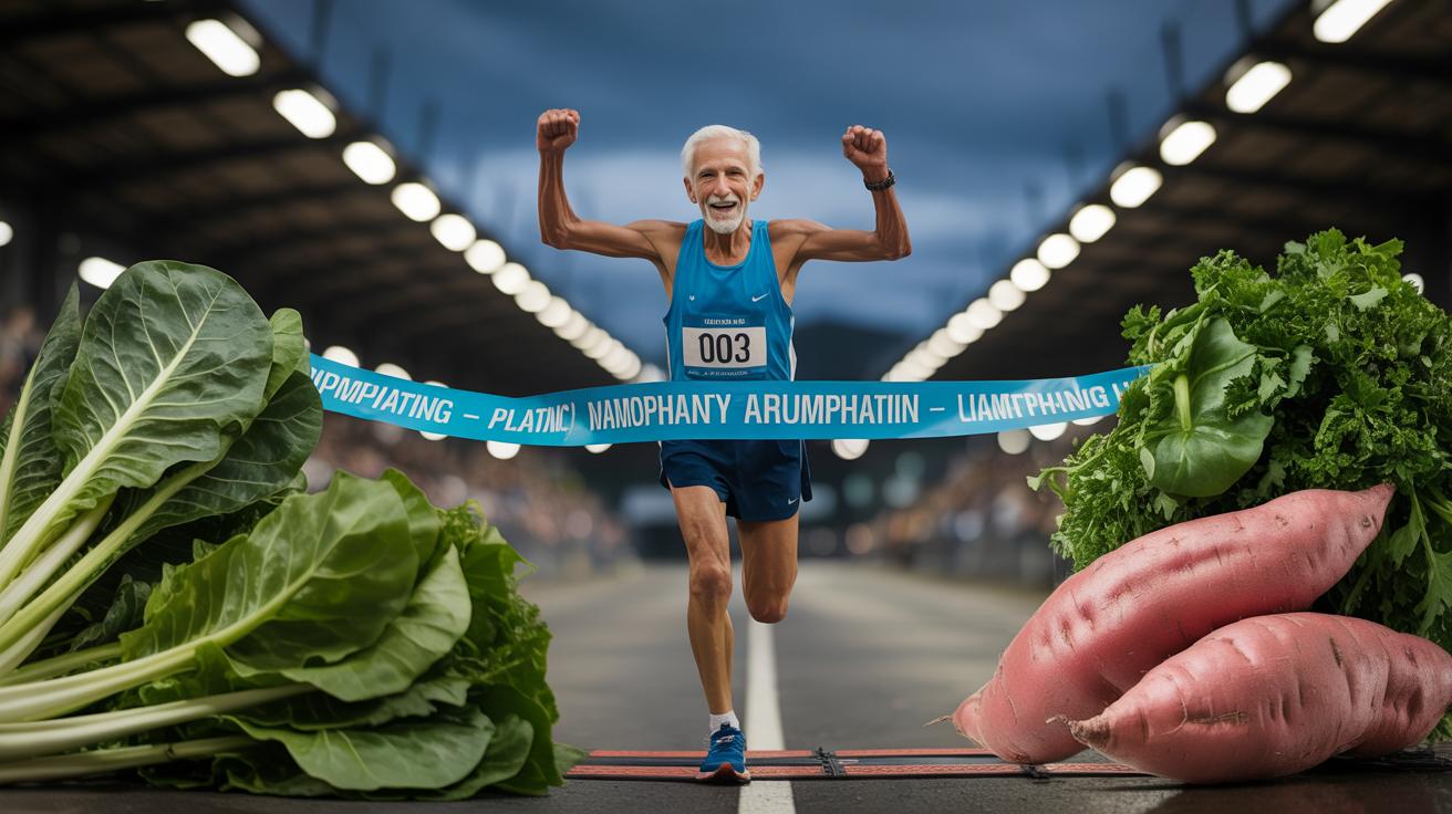 Illustration of Mike Fremont running a marathon while embracing a plant-based lifestyle in his cancer recovery journey (AI-generated, non-realistic illustration). Credit: Ideogram.