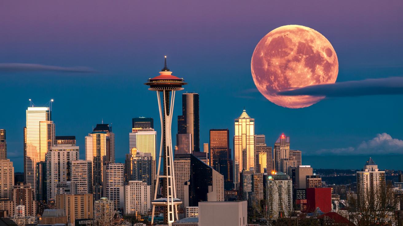 Illustration of the Strawberry Moon rising over the Space Needle during a lunar standstill (AI-generated, non-realistic illustration). Credit: Ideogram.