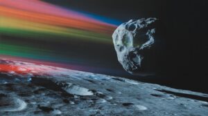 Illustration of asteroid 2024 YR4 approaching the Moon (AI-generated, non-realistic illustration). Credit: Ideogram.