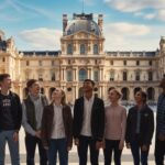 Illustration of students from Minot High School standing in front of The Louvre Museum in Paris as part of their educational journey through Europe (AI-generated, non-realistic illustration). Credit: Ideogram.