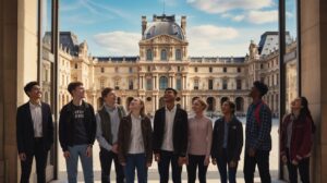 Illustration of students from Minot High School standing in front of The Louvre Museum in Paris as part of their educational journey through Europe (AI-generated, non-realistic illustration). Credit: Ideogram.