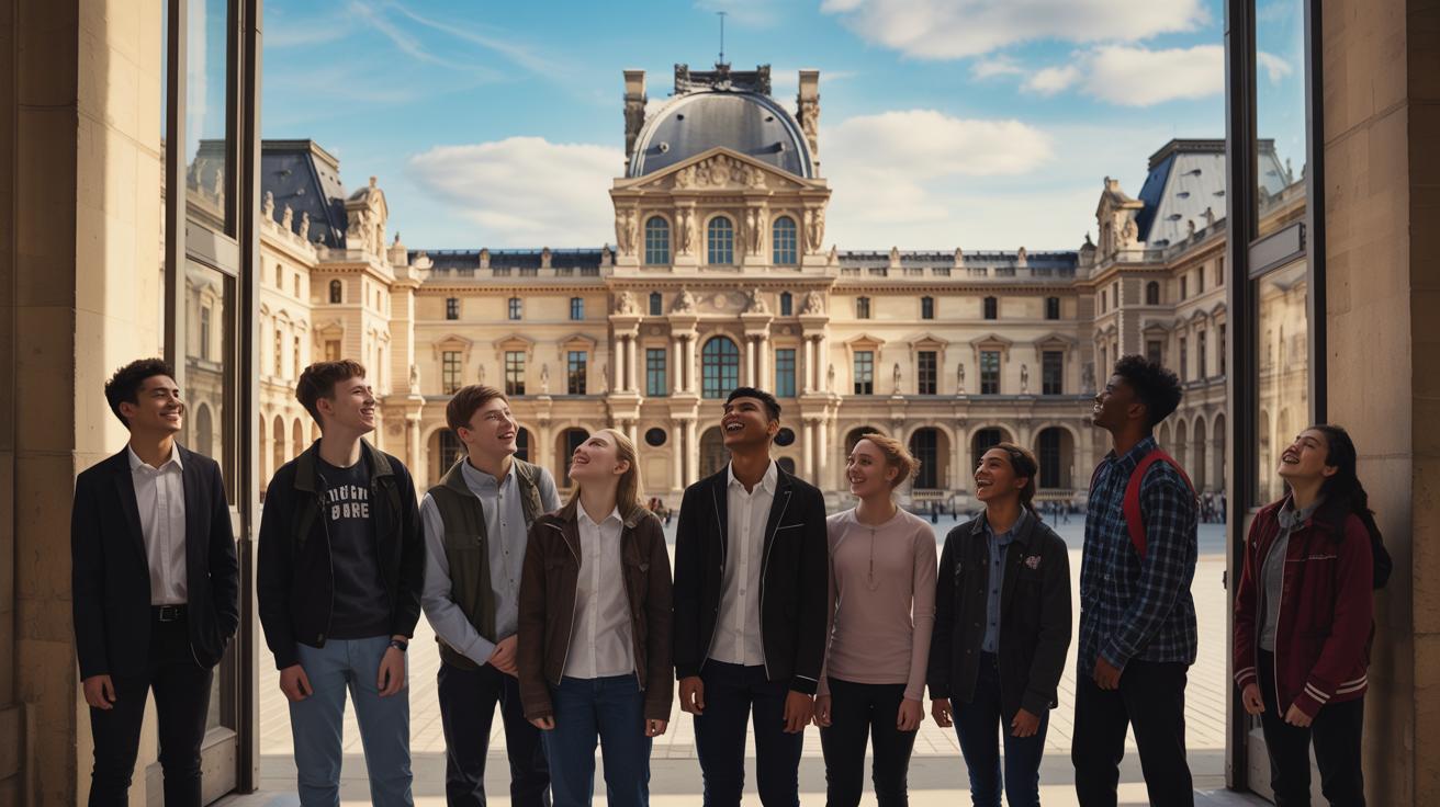 Illustration of students from Minot High School standing in front of The Louvre Museum in Paris as part of their educational journey through Europe (AI-generated, non-realistic illustration). Credit: Ideogram.