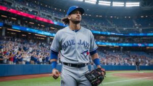 Illustration of Will Robertson in a Toronto Blue Jays uniform preparing for a baseball game (AI-generated, non-realistic illustration). Credit: Ideogram.