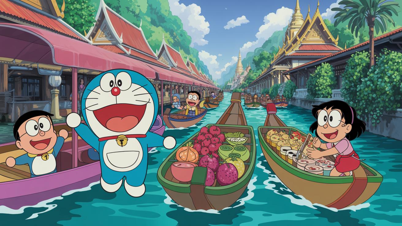 Illustration of Doraemon and friends exploring Thailand's cultural landmarks and traditions (AI-generated, non-realistic illustration). Credit: Ideogram.