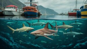 Illustration of Brazilian "cocaine sharks" swimming in drug-laden waters (AI-generated, non-realistic illustration). Credit: Ideogram.