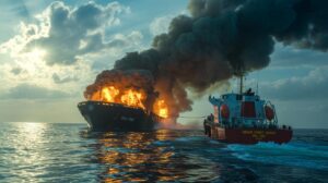 Illustration of the Indian Coast Guard towing a flaming cargo ship away from Kerala's coast to prevent an ecological disaster (AI-generated, non-realistic illustration). Credit: Ideogram.