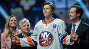 Illustration of Matthew Schaefer wearing a New York Islanders jersey with a lavender ribbon in tribute to his late mother (AI-generated, non-realistic illustration). Credit: Ideogram.