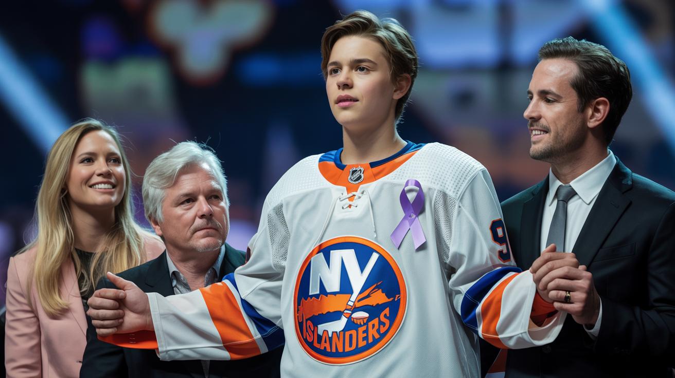Illustration of Matthew Schaefer wearing a New York Islanders jersey with a lavender ribbon in tribute to his late mother (AI-generated, non-realistic illustration). Credit: Ideogram.