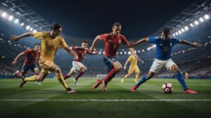 Illustration of a thrilling soccer match between Spain and France in the UEFA Nations League (AI-generated, non-realistic illustration). Credit: Ideogram.