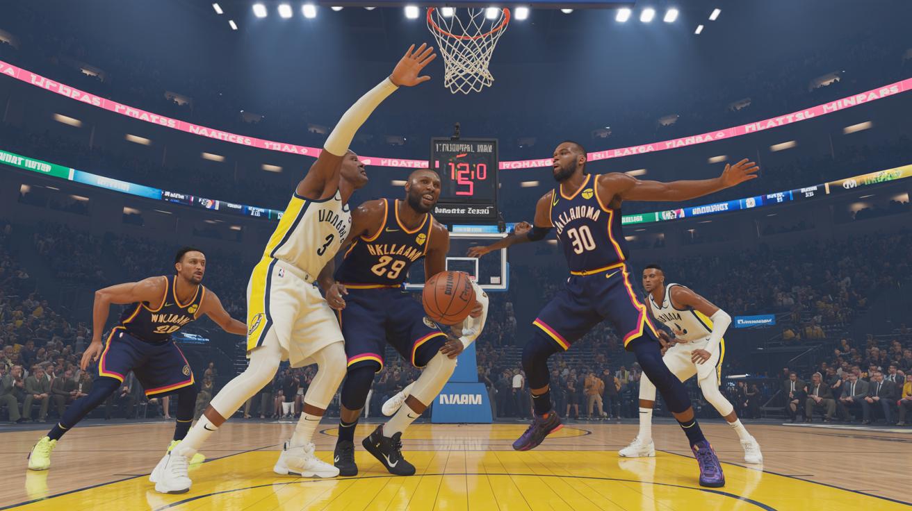 Illustration of the Indiana Pacers and Oklahoma City Thunder facing off in the 2025 NBA Finals Game 4 (AI-generated, non-realistic illustration). Credit: Ideogram.