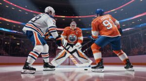 Illustration of the Edmonton Oilers celebrating their overtime victory against the Florida Panthers in Game 1 of the Stanley Cup Final (AI-generated, non-realistic illustration). Credit: Ideogram.