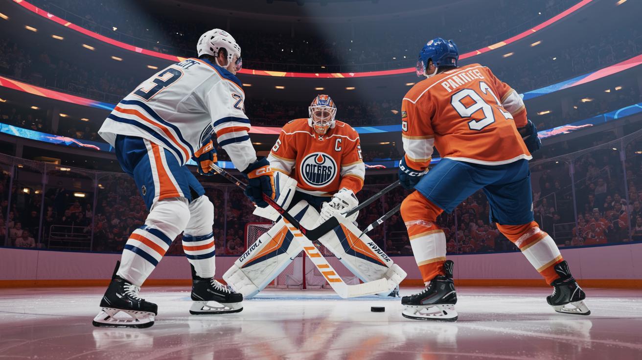 Illustration of the Edmonton Oilers celebrating their overtime victory against the Florida Panthers in Game 1 of the Stanley Cup Final (AI-generated, non-realistic illustration). Credit: Ideogram.