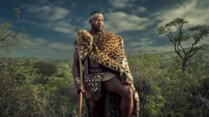 Illustration of Shaka Zulu and traditional Zulu attire and culture (AI-generated, non-realistic illustration). Credit: Ideogram.