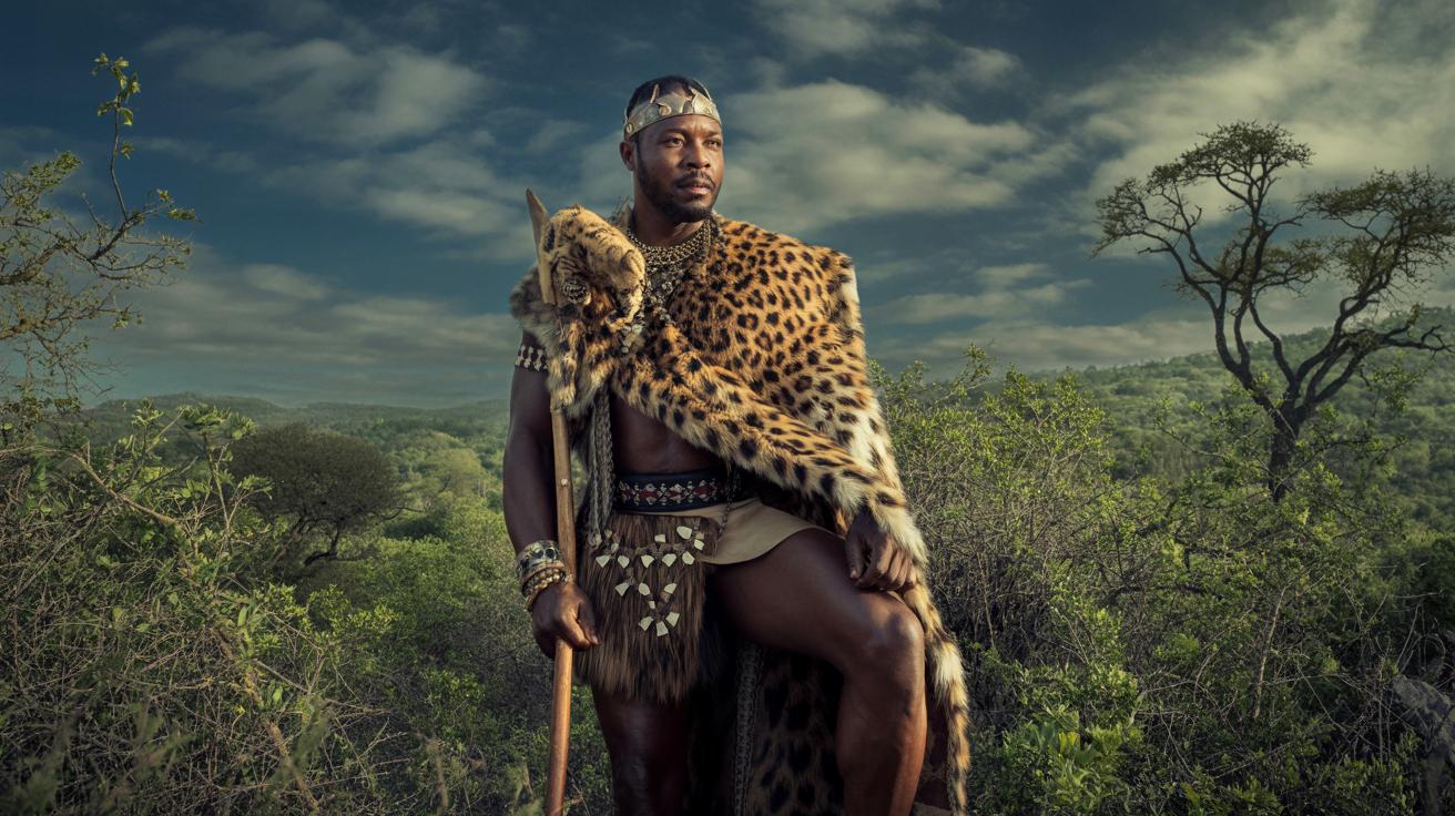 Illustration of Shaka Zulu and traditional Zulu attire and culture (AI-generated, non-realistic illustration). Credit: Ideogram.
