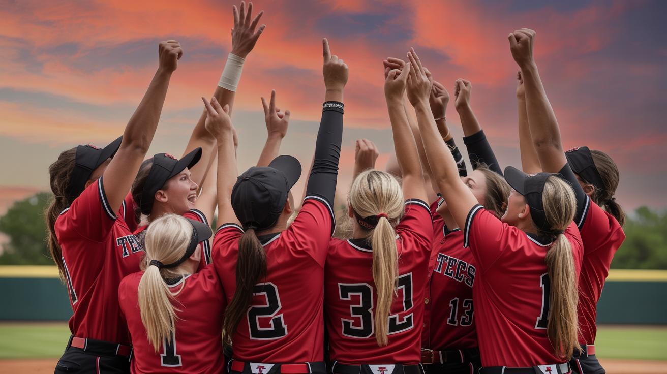 Illustration of Texas Tech's softball team celebrating their historic victory over Oklahoma (AI-generated, non-realistic illustration). Credit: Ideogram.