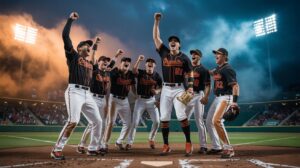 Illustration of Oregon State Beavers celebrating their victory over Florida State to secure a College World Series spot (AI-generated, non-realistic illustration). Credit: Ideogram.