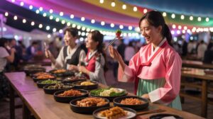 Illustration of the vibrant 2025 K-Culture Festival in Kuala Lumpur, featuring culinary showcases and cultural performances (AI-generated, non-realistic illustration). Credit: Ideogram.