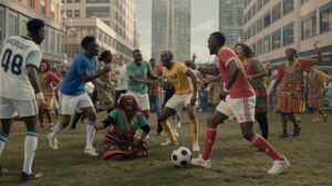 Illustration of African communities uniting through sport and cultural events across continents (AI-generated, non-realistic illustration). Credit: Ideogram.