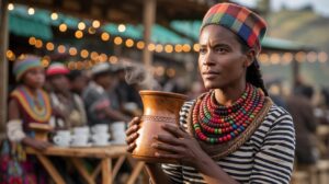 Illustration of coffee's cultural journey from Ethiopian rituals to global cafes (AI-generated, non-realistic illustration). Credit: Ideogram.