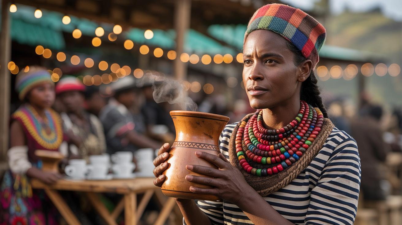 Illustration of coffee's cultural journey from Ethiopian rituals to global cafes (AI-generated, non-realistic illustration). Credit: Ideogram.