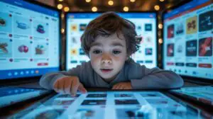 Illustration of a Gen Alpha child interacting with digital devices for online purchases (AI-generated, non-realistic illustration). Credit: Ideogram.